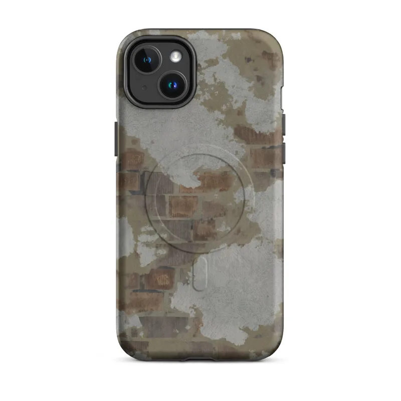 Matte Crumbling Plaster Brick Wall MagSafe Tough Case for iPhone — peeling white and grey plaster revealing aged terracotta