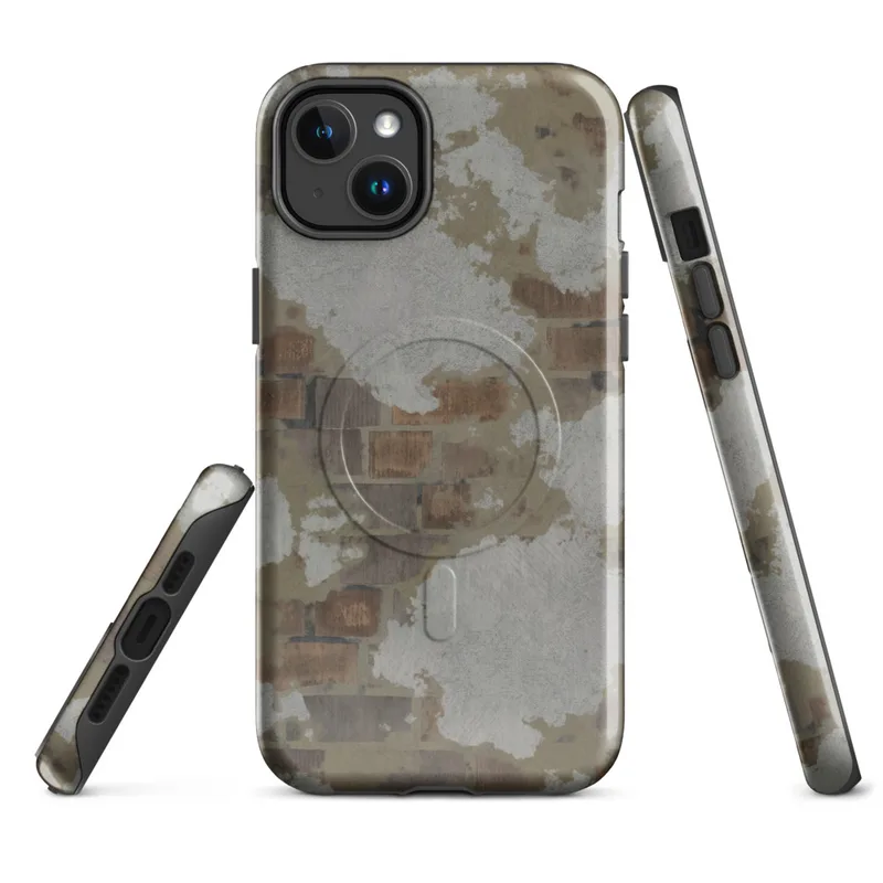 Glossy Crumbling Plaster Brick Wall MagSafe Tough Case for iPhone — peeling white and grey plaster revealing aged terracotta