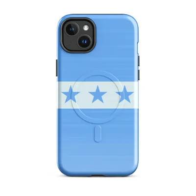 seven blue five-pointed stars on a white horizontal band flanked by solid sky-blue fields above and below on Glossy Seven Stars Sky Blue MagSafe Tough Case for iPhone - default - Front view