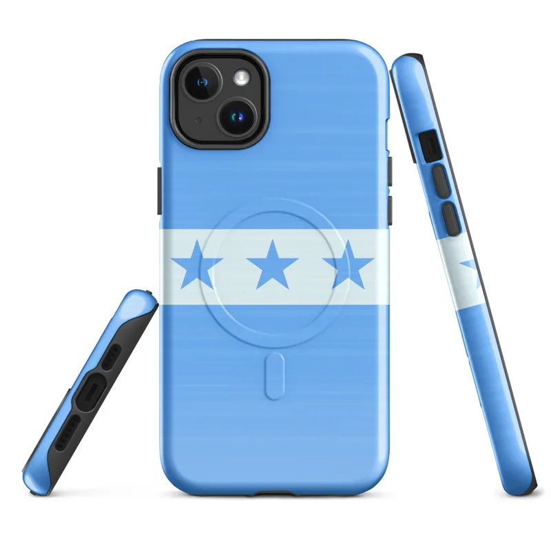 Glossy Seven Stars Sky Blue MagSafe Tough Case for iPhone — seven blue five-pointed stars on a white horizontal band flanked
