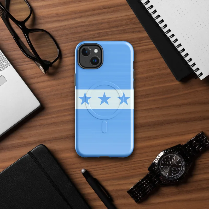 Glossy Seven Stars Sky Blue MagSafe Tough Case for iPhone — seven blue five-pointed stars on a white horizontal band flanked