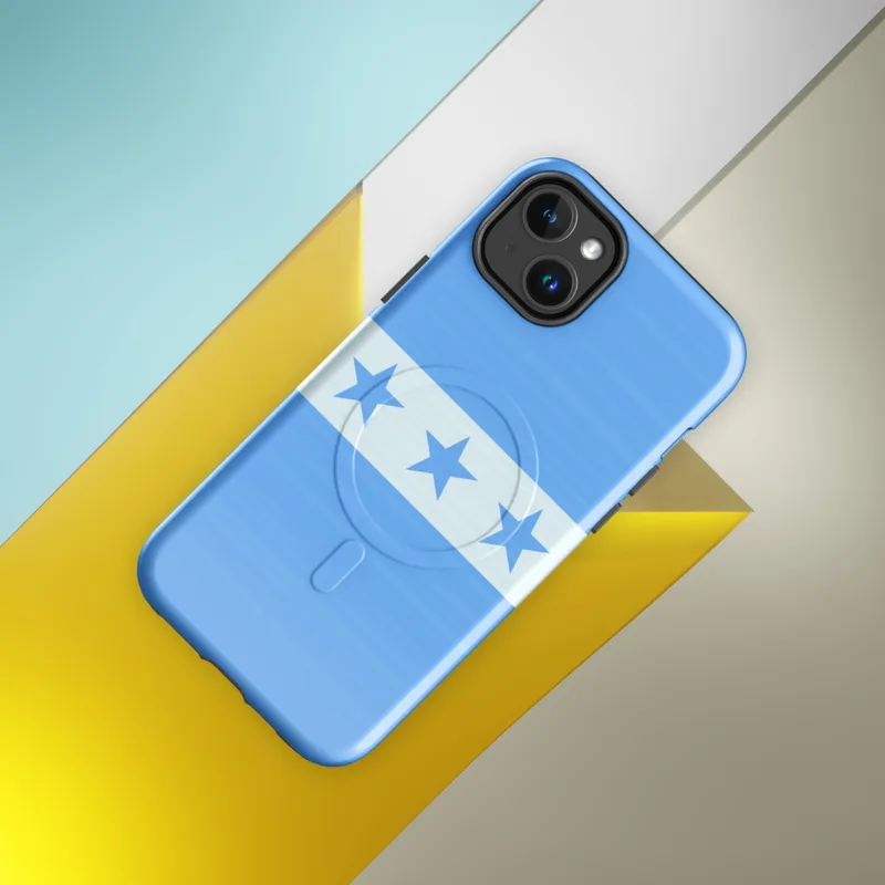 Glossy Seven Stars Sky Blue MagSafe Tough Case for iPhone — seven blue five-pointed stars on a white horizontal band flanked