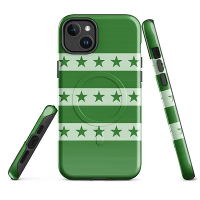 alternating deep forest green and soft mint horizontal stripes with rows of five-pointed stars in a monochromatic green palette on Glossy Green Stars and Stripes MagSafe Tough Case for iPhone - default - Front view