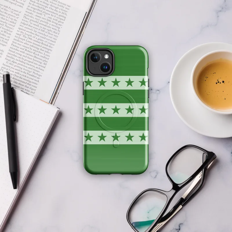 Glossy Green Stars and Stripes MagSafe Tough Case for iPhone — alternating deep forest green and soft mint horizontal