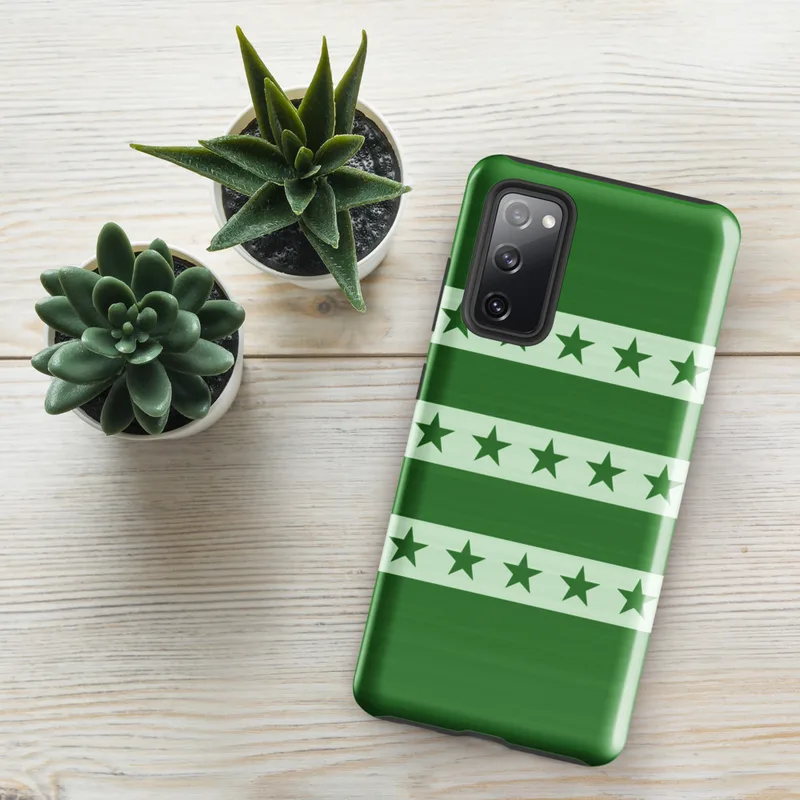 Glossy Green Star Stripes Tough Case for Samsung — rows of dark green five-pointed stars on pale sage horizontal stripes