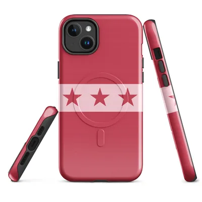 row of seven dark crimson five-pointed stars on a pale pink horizontal stripe over a solid deep red background on Glossy Red Star Band MagSafe Tough Case for iPhone - default - Front view