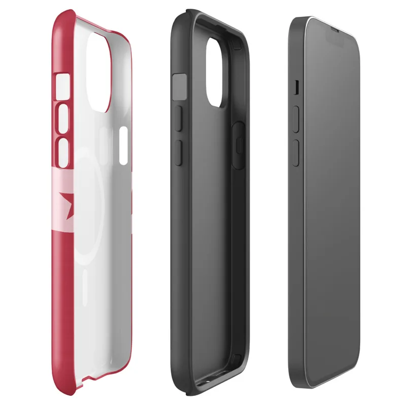Glossy Red Star Band MagSafe Tough Case for iPhone — row of seven dark crimson five-pointed stars on a pale pink horizontal