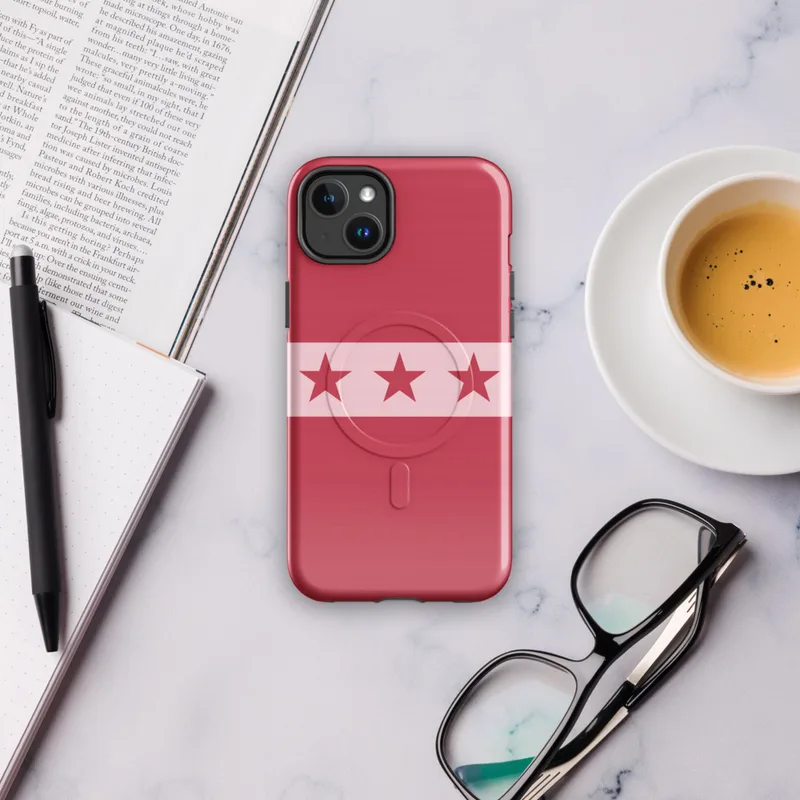 Glossy Red Star Band MagSafe Tough Case for iPhone — row of seven dark crimson five-pointed stars on a pale pink horizontal