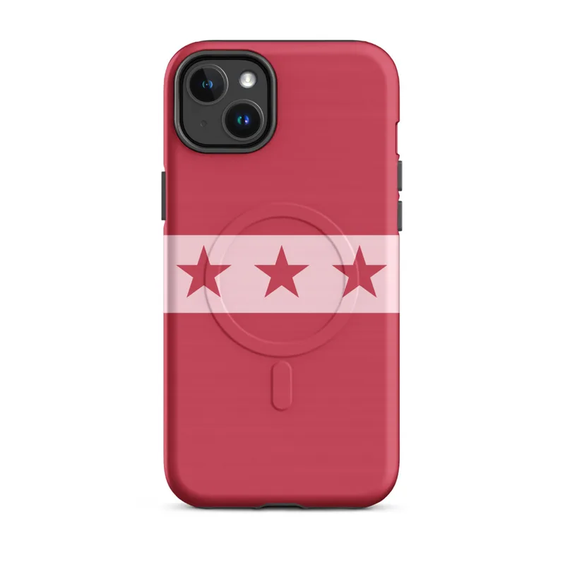 Matte Red Star Band MagSafe Tough Case for iPhone — row of seven dark crimson five-pointed stars on a pale pink horizontal