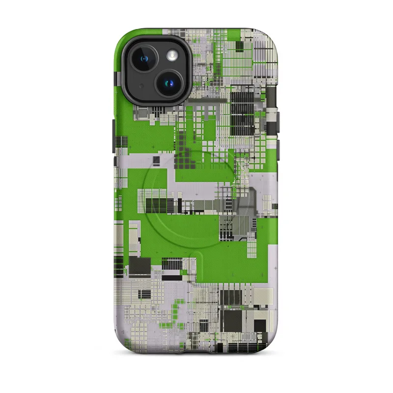 Matte Circuit City Digital Camo MagSafe Tough Case for iPhone — aerial-view circuit board cityscape with vivid green grids