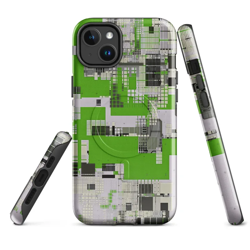 Glossy Circuit City Digital Camo MagSafe Tough Case for iPhone — aerial-view circuit board cityscape with vivid green grids