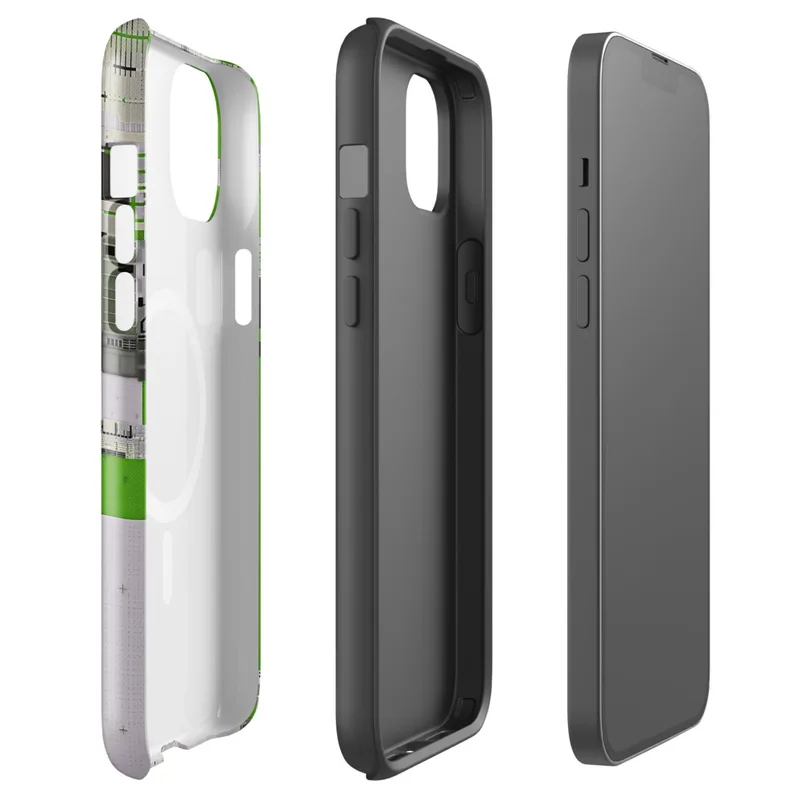 Glossy Circuit City Digital Camo MagSafe Tough Case for iPhone — aerial-view circuit board cityscape with vivid green grids