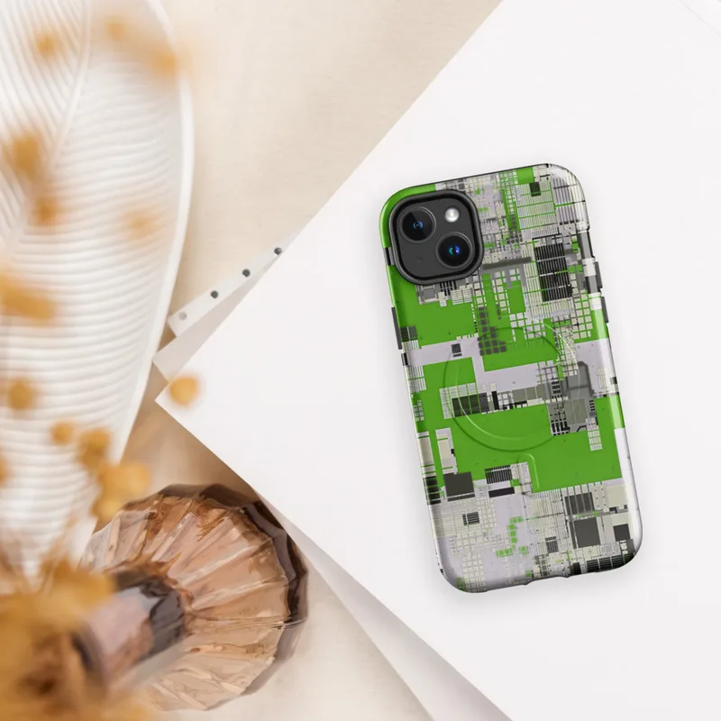 Glossy Circuit City Digital Camo MagSafe Tough Case for iPhone — aerial-view circuit board cityscape with vivid green grids