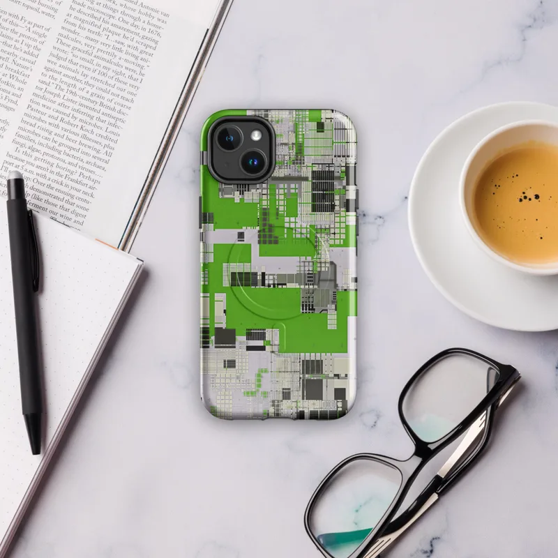 Glossy Circuit City Digital Camo MagSafe Tough Case for iPhone — aerial-view circuit board cityscape with vivid green grids