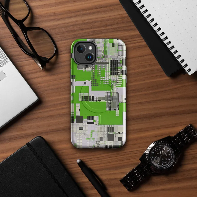 Glossy Circuit City Digital Camo MagSafe Tough Case for iPhone — aerial-view circuit board cityscape with vivid green grids