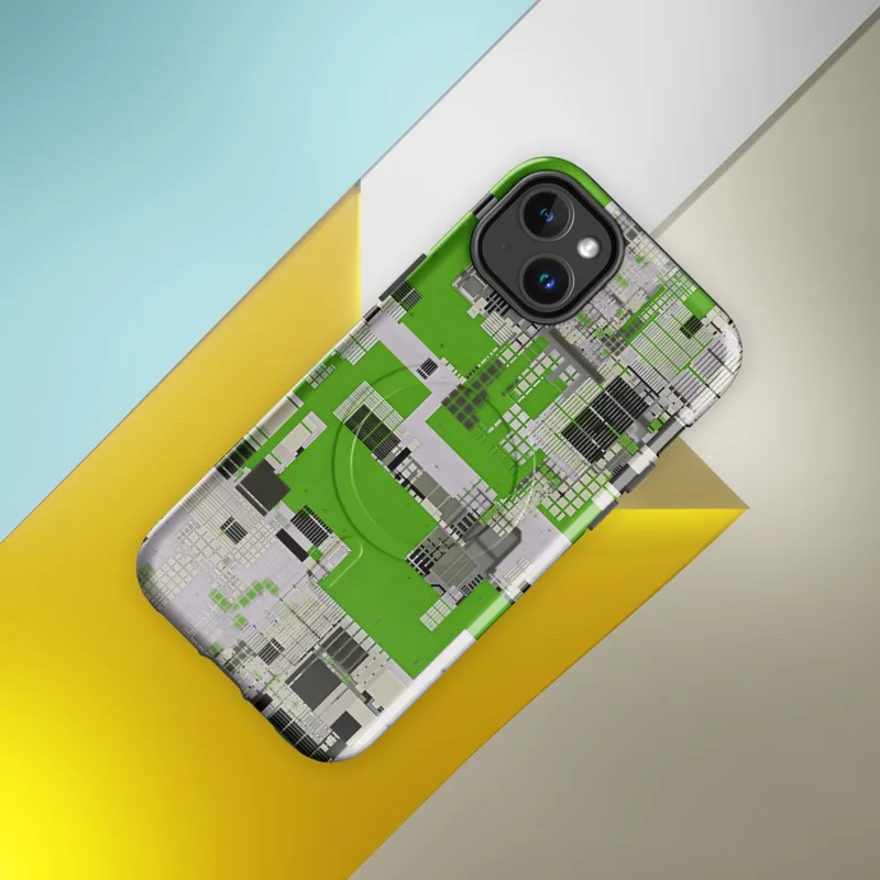 Glossy Circuit City Digital Camo MagSafe Tough Case for iPhone — aerial-view circuit board cityscape with vivid green grids
