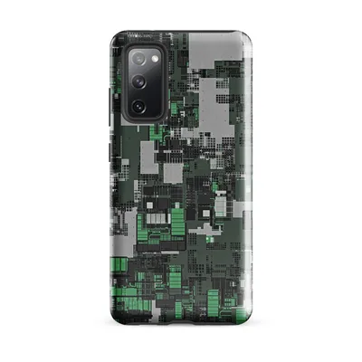 dense overhead grid of interlocking industrial structures in forest green, charcoal black, and concrete gray resembling a circuit board city map on Glossy Circuit City Camo Tough Case for Samsung - default - Front view