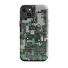 Glossy Circuit City Camo MagSafe Tough Case for iPhone — aerial view of a dense cyberpunk cityscape in forest green, mint