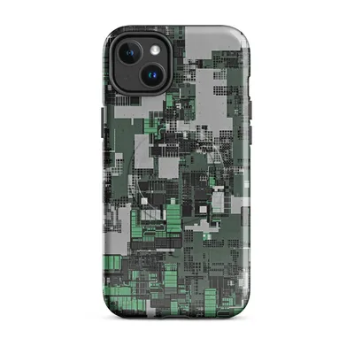 aerial view of a dense cyberpunk cityscape in forest green, mint, and slate gray with circuit board-like grid patterns on Glossy Circuit City Camo MagSafe Tough Case for iPhone - default - Front view