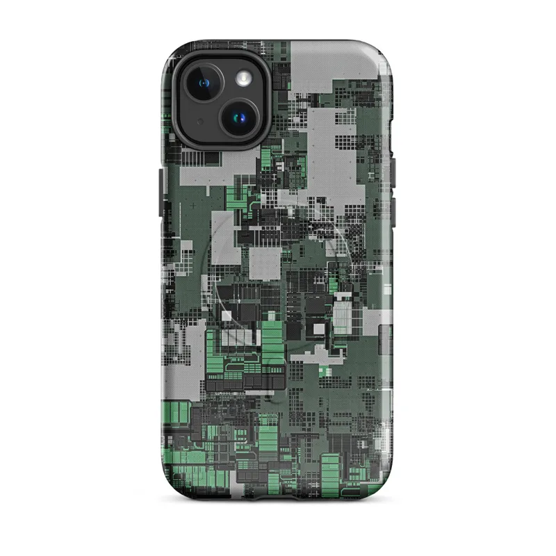 Glossy Circuit City Camo MagSafe Tough Case for iPhone — aerial view of a dense cyberpunk cityscape in forest green, mint