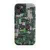 Matte Circuit City Camo MagSafe Tough Case for iPhone — aerial view of a dense cyberpunk cityscape in forest green, mint