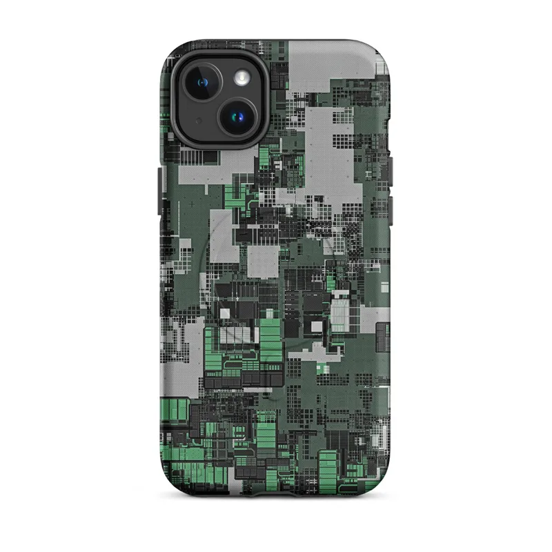 Matte Circuit City Camo MagSafe Tough Case for iPhone — aerial view of a dense cyberpunk cityscape in forest green, mint
