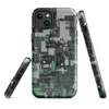 Glossy Circuit City Camo MagSafe Tough Case for iPhone — aerial view of a dense cyberpunk cityscape in forest green, mint