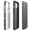 Glossy Circuit City Camo MagSafe Tough Case for iPhone — aerial view of a dense cyberpunk cityscape in forest green, mint