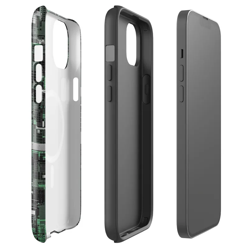 Glossy Circuit City Camo MagSafe Tough Case for iPhone — aerial view of a dense cyberpunk cityscape in forest green, mint