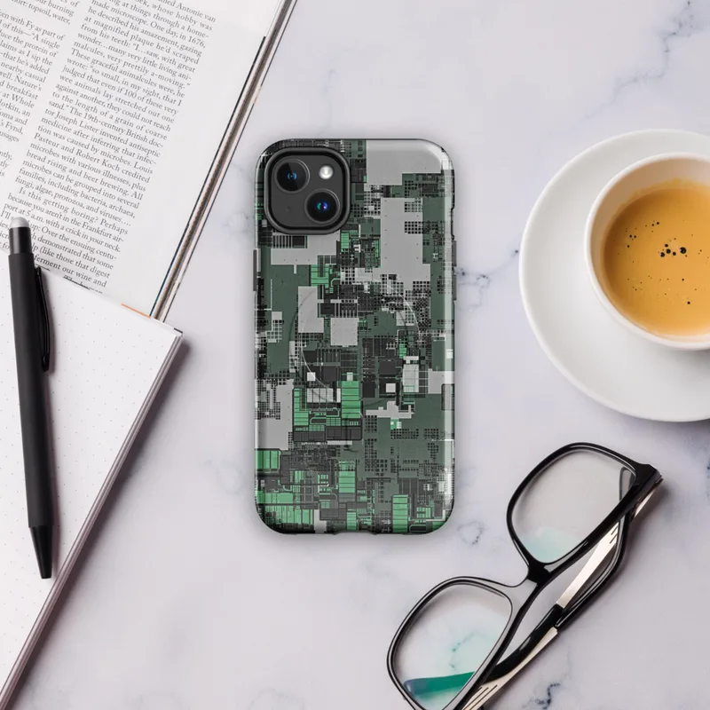 Glossy Circuit City Camo MagSafe Tough Case for iPhone — aerial view of a dense cyberpunk cityscape in forest green, mint
