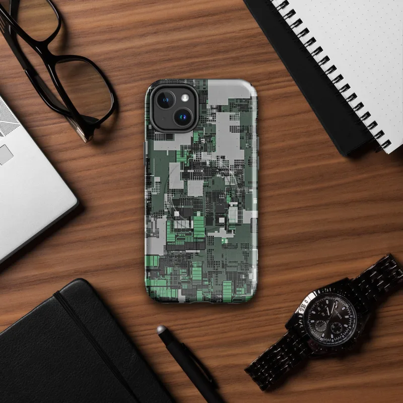 Glossy Circuit City Camo MagSafe Tough Case for iPhone — aerial view of a dense cyberpunk cityscape in forest green, mint