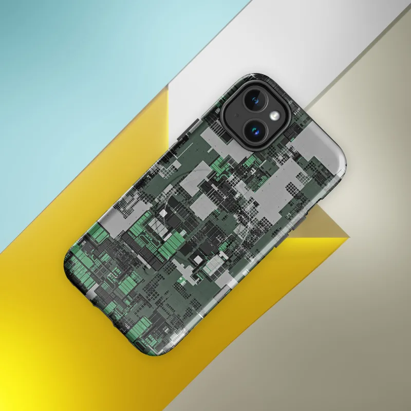 Glossy Circuit City Camo MagSafe Tough Case for iPhone — aerial view of a dense cyberpunk cityscape in forest green, mint