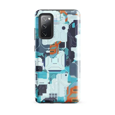 dense futuristic circuit board pattern in cyan, electric blue, navy, and orange with microchip components and data pathway details on Glossy Circuit Surge Tech Armor Tough Case for Samsung - default - Front view