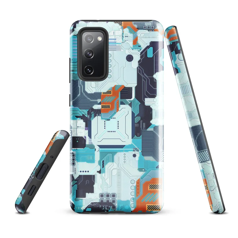 Glossy Circuit Surge Tech Armor Tough Case for Samsung — dense futuristic circuit board pattern in cyan, electric blue