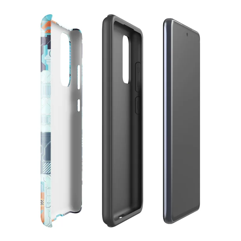 Glossy Circuit Surge Tech Armor Tough Case for Samsung — dense futuristic circuit board pattern in cyan, electric blue