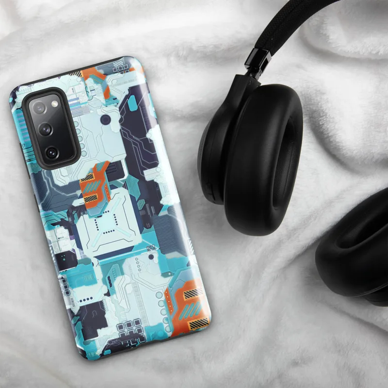 Glossy Circuit Surge Tech Armor Tough Case for Samsung — dense futuristic circuit board pattern in cyan, electric blue