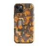 Glossy Circuit Siege Armor MagSafe Tough Case for iPhone — dense mechanical circuit board pattern in vivid orange, amber