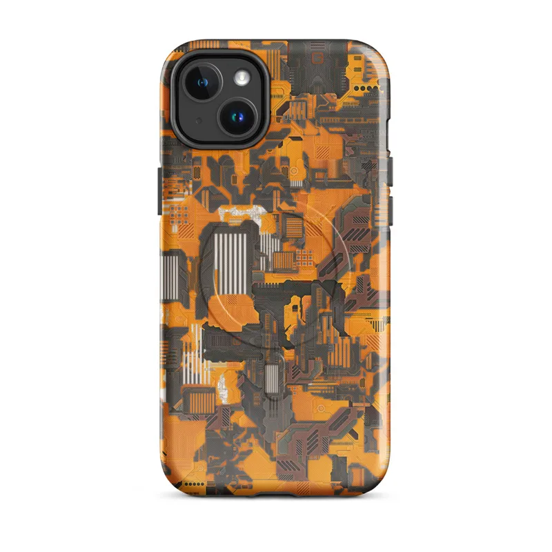 Glossy Circuit Siege Armor MagSafe Tough Case for iPhone — dense mechanical circuit board pattern in vivid orange, amber