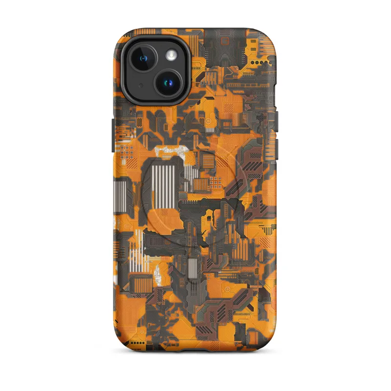 Matte Circuit Siege Armor MagSafe Tough Case for iPhone — dense mechanical circuit board pattern in vivid orange, amber