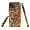 Glossy Circuit Siege Armor MagSafe Tough Case for iPhone — dense mechanical circuit board pattern in vivid orange, amber