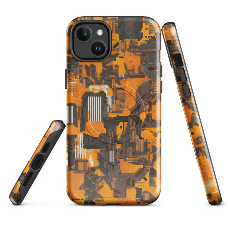 Glossy Circuit Siege Armor MagSafe Tough Case for iPhone — dense mechanical circuit board pattern in vivid orange, amber