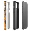 Glossy Circuit Siege Armor MagSafe Tough Case for iPhone — dense mechanical circuit board pattern in vivid orange, amber