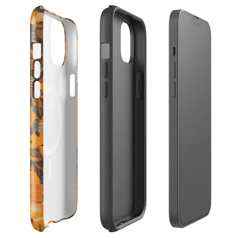 Glossy Circuit Siege Armor MagSafe Tough Case for iPhone — dense mechanical circuit board pattern in vivid orange, amber