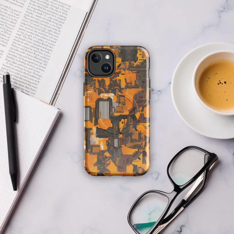 Glossy Circuit Siege Armor MagSafe Tough Case for iPhone — dense mechanical circuit board pattern in vivid orange, amber