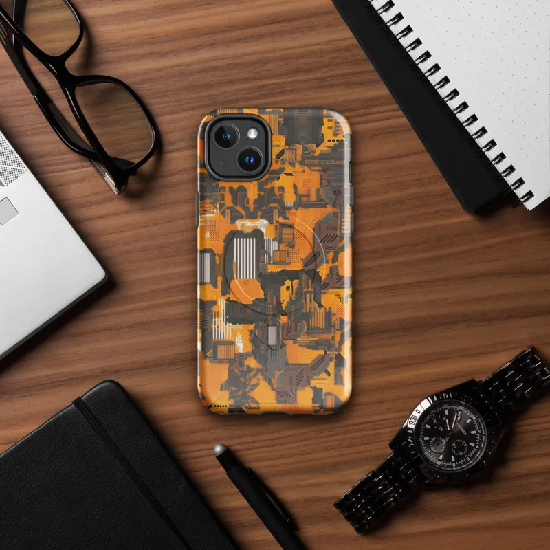 Glossy Circuit Siege Armor MagSafe Tough Case for iPhone — dense mechanical circuit board pattern in vivid orange, amber