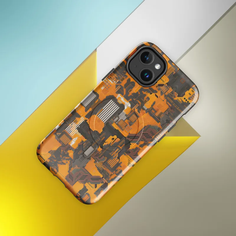 Glossy Circuit Siege Armor MagSafe Tough Case for iPhone — dense mechanical circuit board pattern in vivid orange, amber