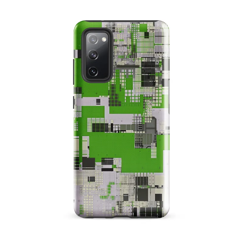 Glossy Circuit City Digital Camo Tough Case for Samsung — aerial city grid of electric green, white, and charcoal black