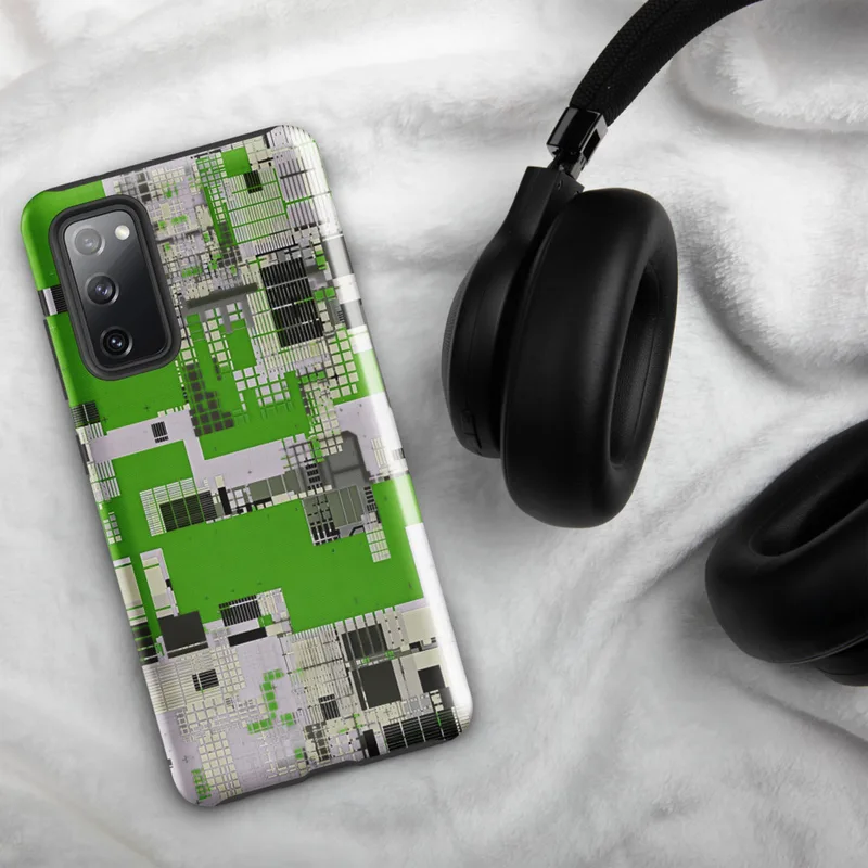 Glossy Circuit City Digital Camo Tough Case for Samsung — aerial city grid of electric green, white, and charcoal black