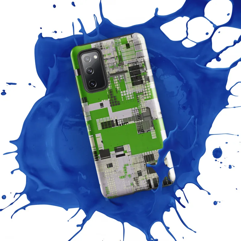 Glossy Circuit City Digital Camo Tough Case for Samsung — aerial city grid of electric green, white, and charcoal black