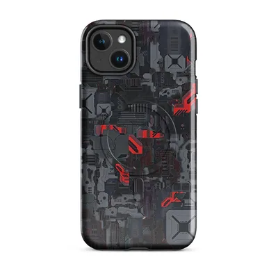 dense layered sci-fi circuit board panels in dark grey and black with glowing red mechanical accent pieces scattered throughout on Glossy Dark Mech Circuit Armor MagSafe Tough Case for iPhone - default - Front view